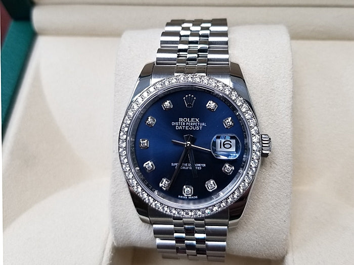 36mm Rolex Stainless Steel Datejust Watch with Diamond Dial and Diamond Bezel 116244.