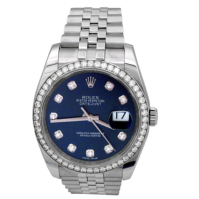 36mm Rolex Stainless Steel Datejust Watch with Diamond Dial and Diamond Bezel 116244.