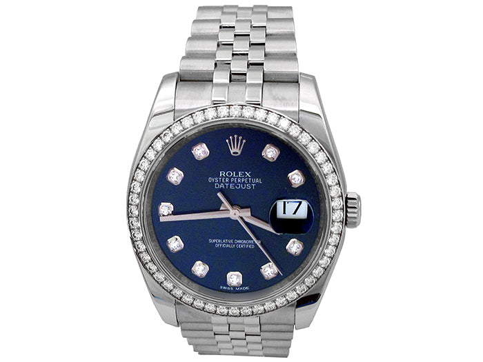 36mm Rolex Stainless Steel Datejust Watch with Diamond Dial and Diamond Bezel 116244.