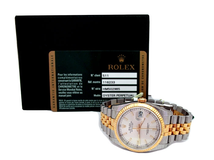 36mm Rolex 18k Gold & Stainless Steel Oyster Perpetual Datejust Watch 116233