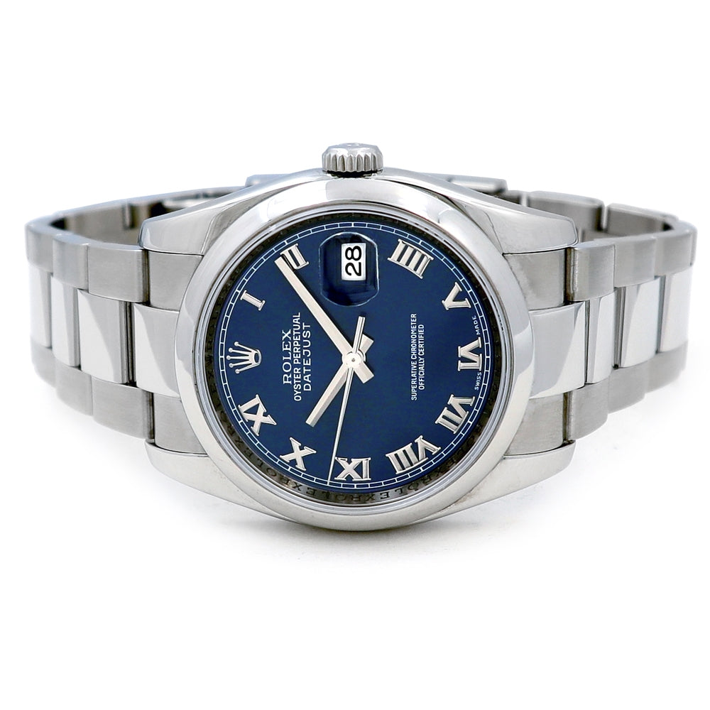 36mm Rolex Stainless Steel Datejust Blue Roman Numeral Dial