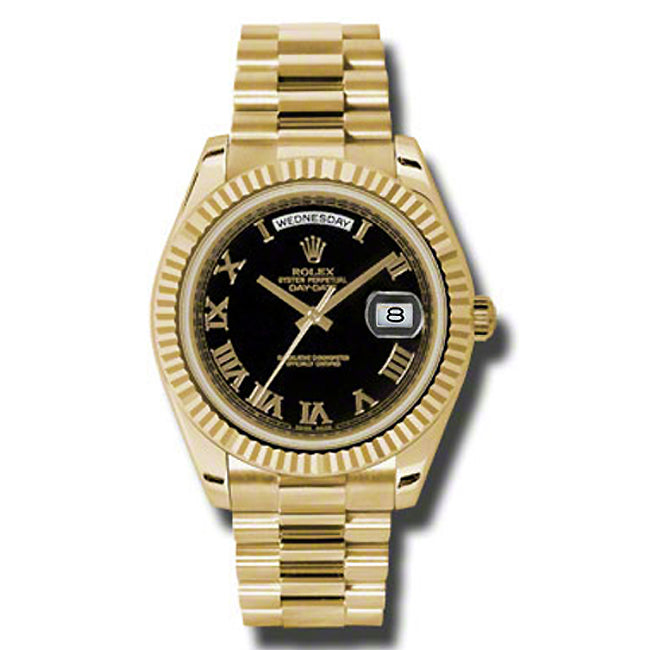 41mm Rolex 18K Yellow Gold Daydate II Black Roman 218238