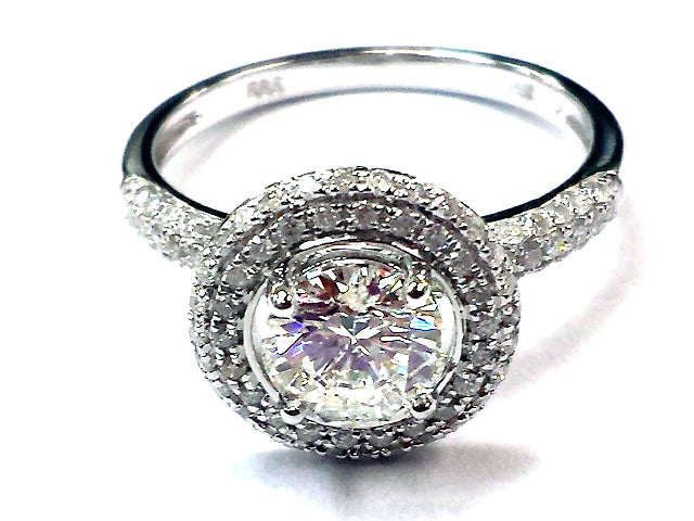 Ladies White Gold Ring with 1.00ct Round Brilliant Diamond in center and 94 round diamonds on side