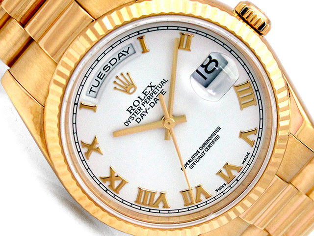 36mm Rolex 18k Yellow Gold Daydate White Roman 118238.