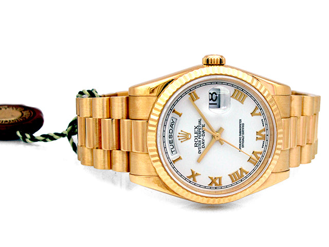 36mm Rolex 18k Yellow Gold Daydate White Roman 118238.