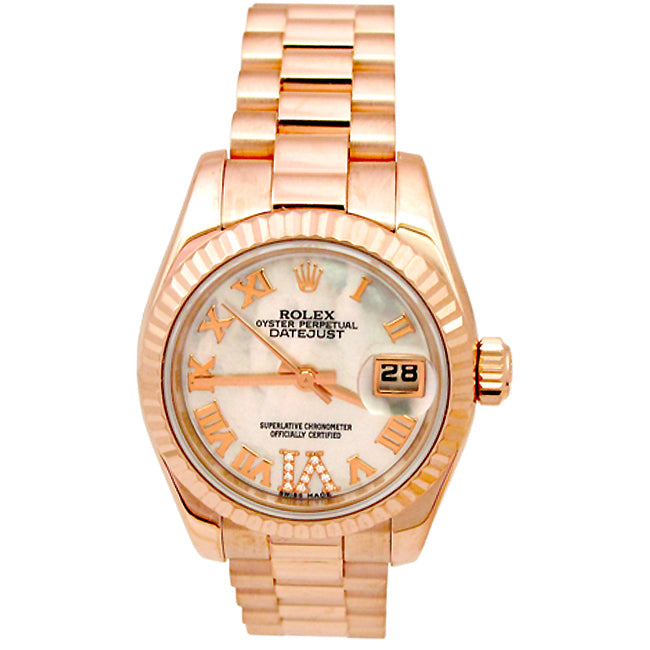 26mm 18K Rose Gold Rolex President Datejust Watch with MOP R N and Diamonds 179175F.