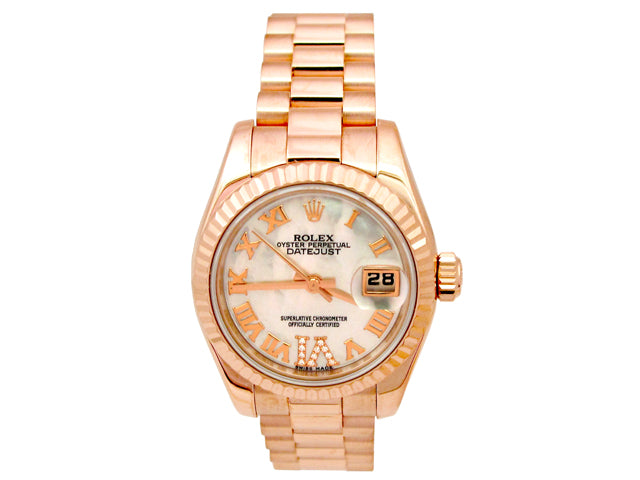 26mm 18K Rose Gold Rolex President Datejust Watch with MOP R N and Diamonds 179175F.