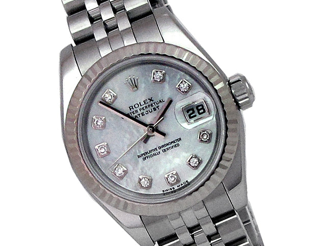 26mm Rolex Stainless Steel Datejust Watch  with Mother of Pearl and Diamond Markers 179174.