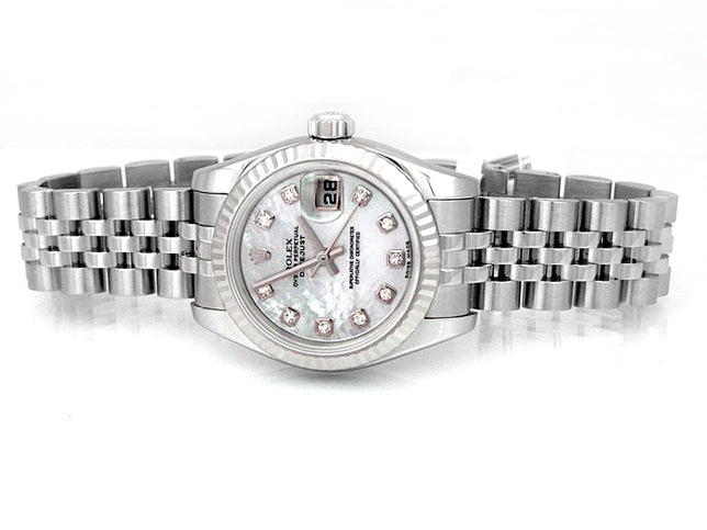 26mm Rolex Stainless Steel Datejust Watch  with Mother of Pearl and Diamond Markers 179174.