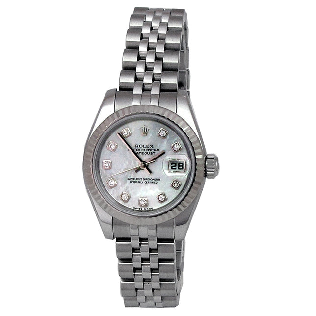26mm Rolex Stainless Steel Datejust Watch  with Mother of Pearl and Diamond Markers 179174.