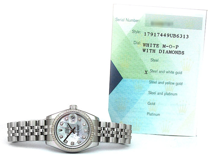 26mm Rolex Stainless Steel Datejust Watch  with Mother of Pearl and Diamond Markers 179174.