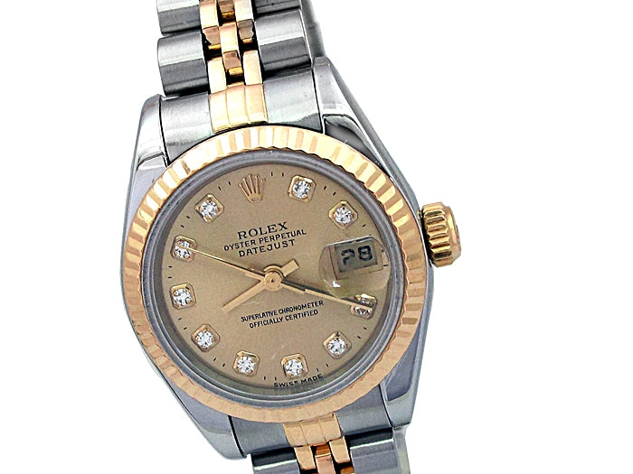 26mm Rolex 18K Gold & Stainless Steel Datejust Watch. Champagne Diamond Dial 79173.