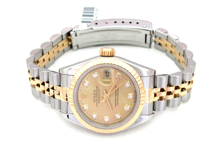 26mm Rolex 18K Gold & Stainless Steel Datejust Watch. Champagne Diamond Dial 79173.