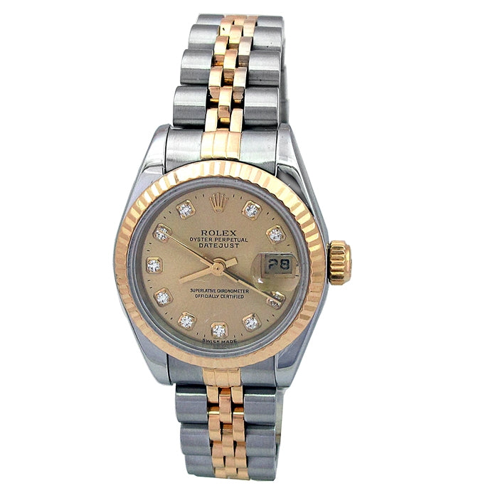 26mm Rolex 18K Gold & Stainless Steel Datejust Watch. Champagne Diamond Dial 79173.