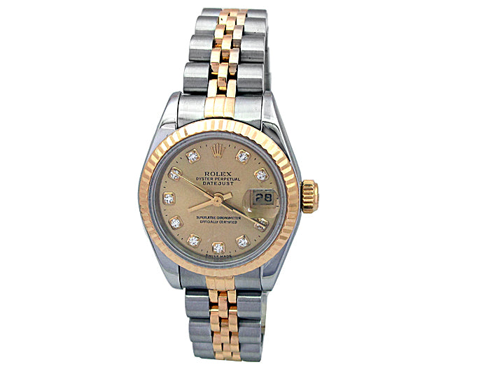 26mm Rolex 18K Gold & Stainless Steel Datejust Watch. Champagne Diamond Dial 79173.