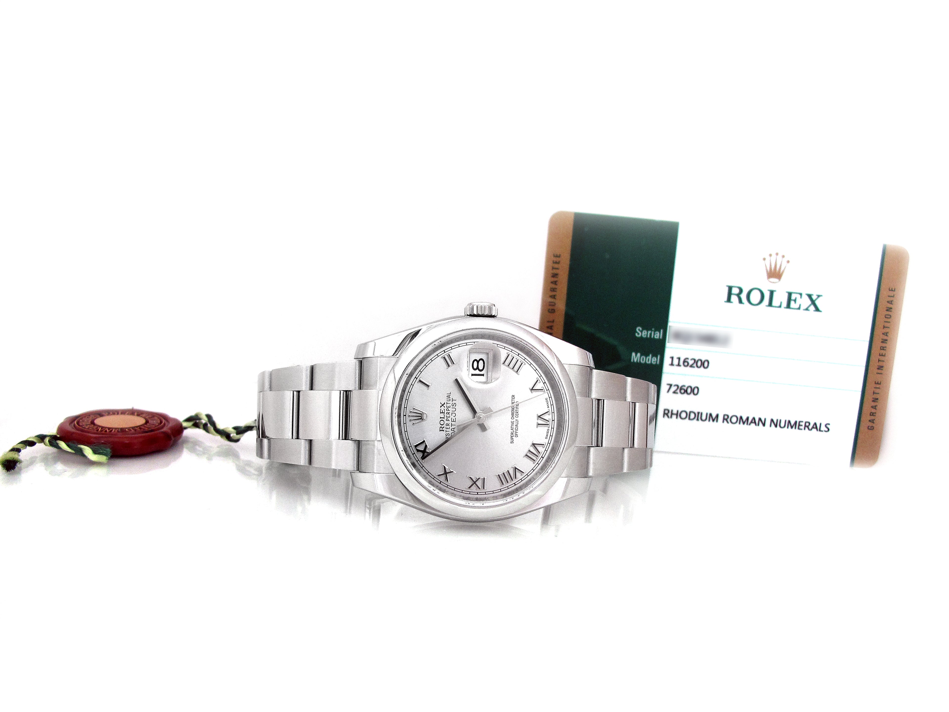 36mm Rolex Stainless Steel Datejust Watch 116200.
