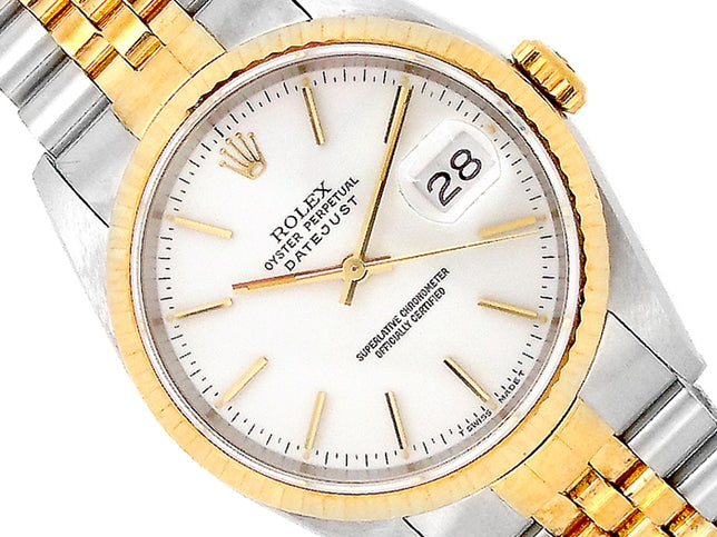 36mm Rolex 18k Yellow Gold and Stainless Steel Oyster Perpetual Datejust Watch.