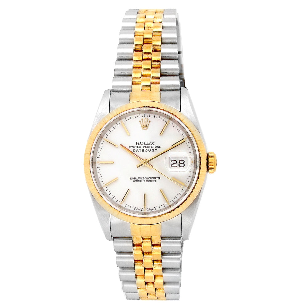 36mm Rolex 18k Yellow Gold and Stainless Steel Oyster Perpetual Datejust Watch.