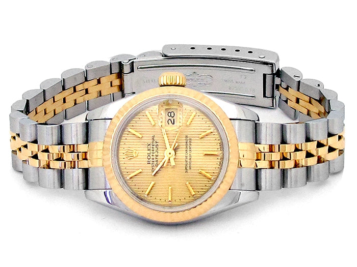 26mm Rolex 18k Yellow Gold and Stainless Steel Oyster Perpetual Datejust Watch.