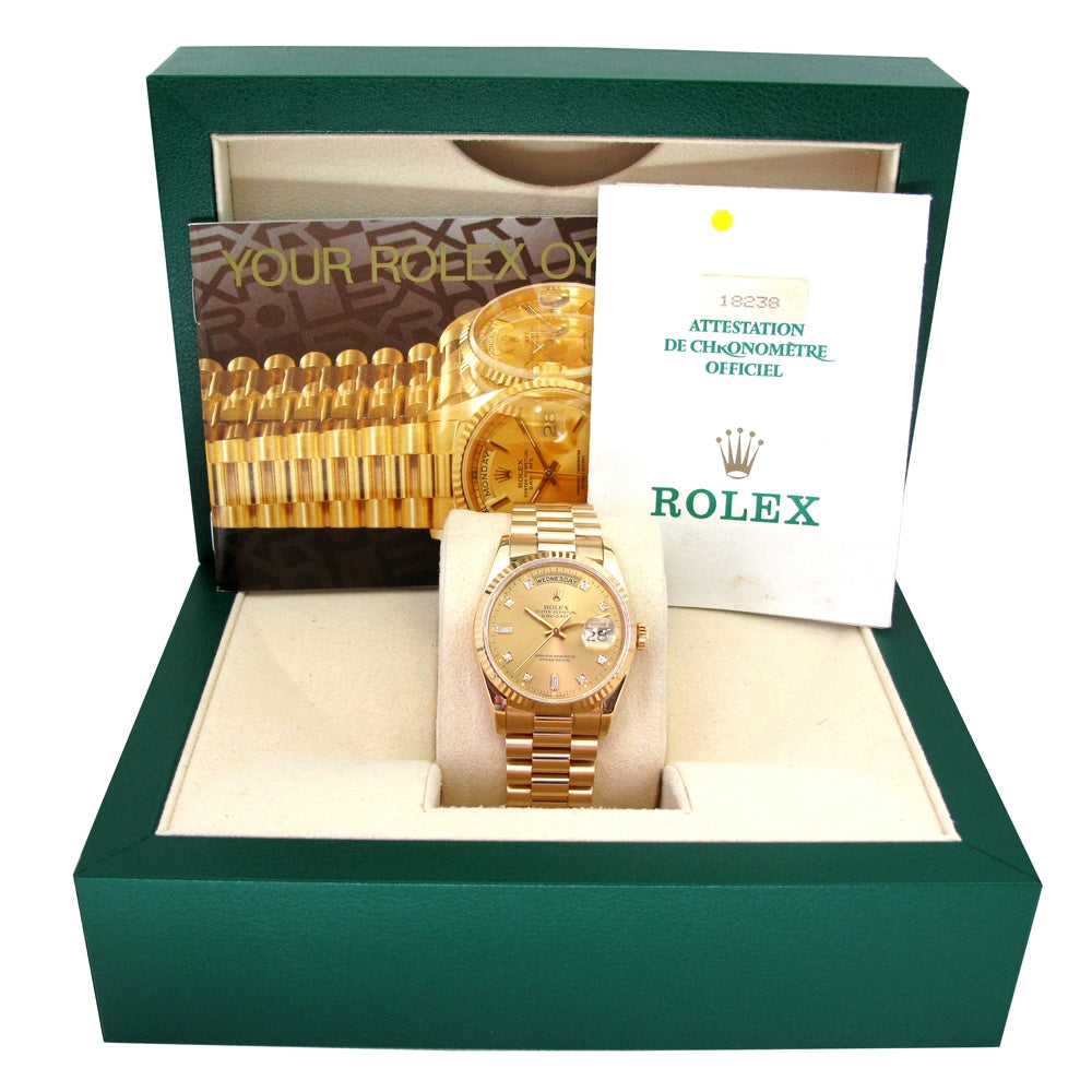 36mm Rolex 18k Yellow Gold Oyster Perpetual Day-Date Watch