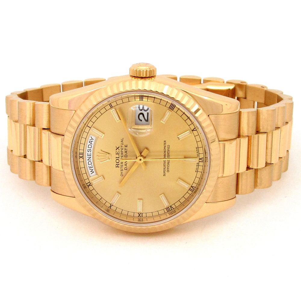 36mm Rolex 18k Yellow Gold Oyster Perpetual Day-Date Watch