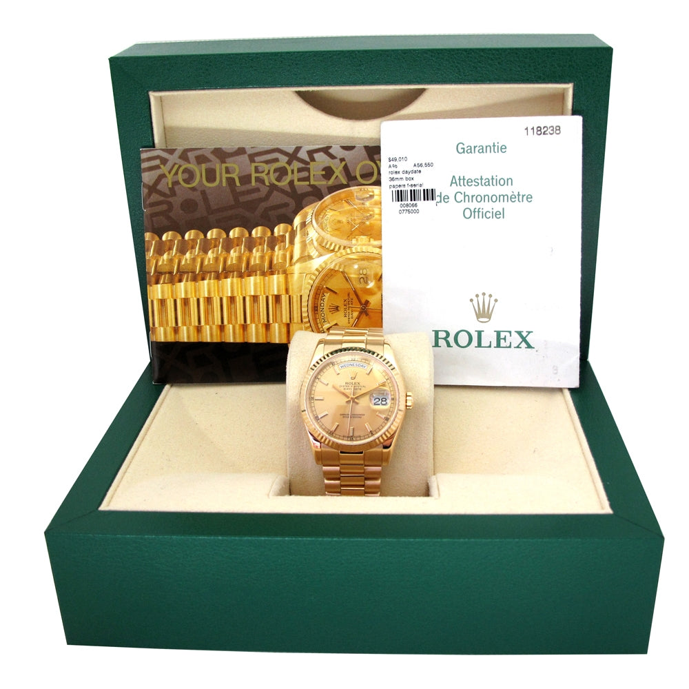 36mm Rolex 18k Yellow Gold Oyster Perpetual Day-Date Watch