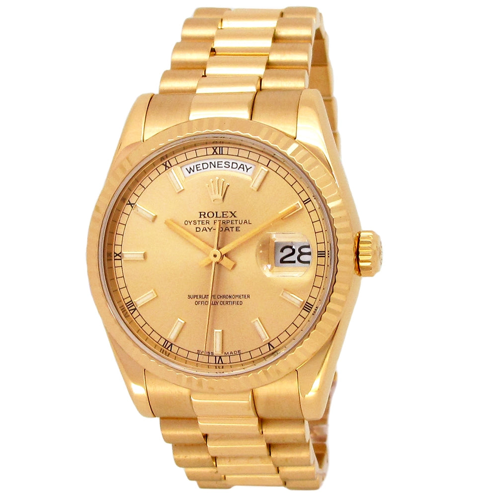 36mm Rolex 18k Yellow Gold Oyster Perpetual Day-Date Watch