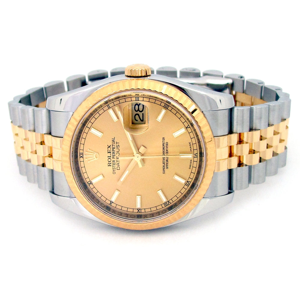 36mm Rolex 18k Yellow Gold and Stainless Steel Oyster Perpetual Datejust Watch