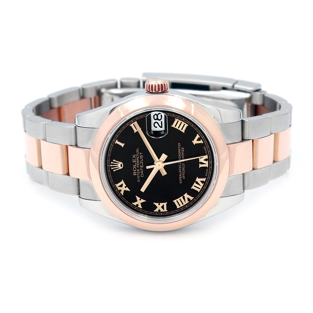 31mm Rolex 18k Rose Gold and Stainless Steel Datejust Watch. Black Roman Numeral Dial.