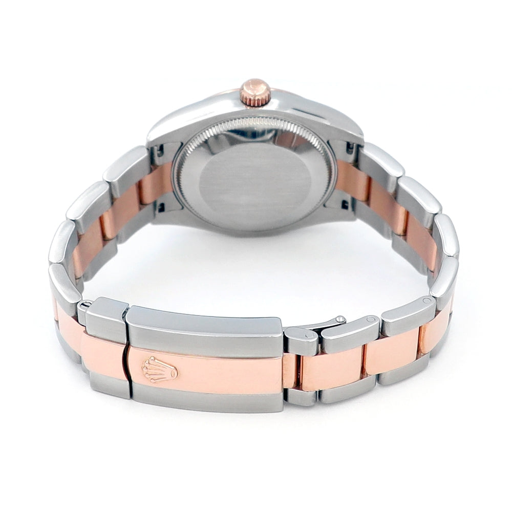 31mm Rolex 18k Rose Gold and Stainless Steel Datejust Watch. Black Roman Numeral Dial.