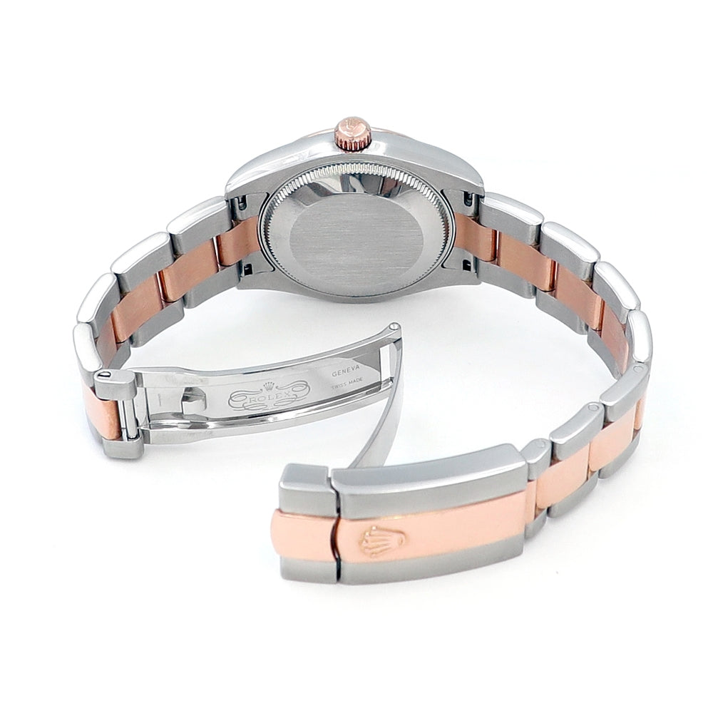31mm Rolex 18k Rose Gold and Stainless Steel Datejust Watch. Black Roman Numeral Dial.