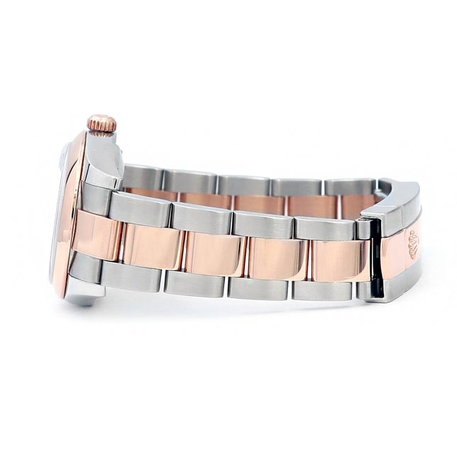 31mm Rolex 18k Rose Gold and Stainless Steel Datejust Watch. Black Roman Numeral Dial.