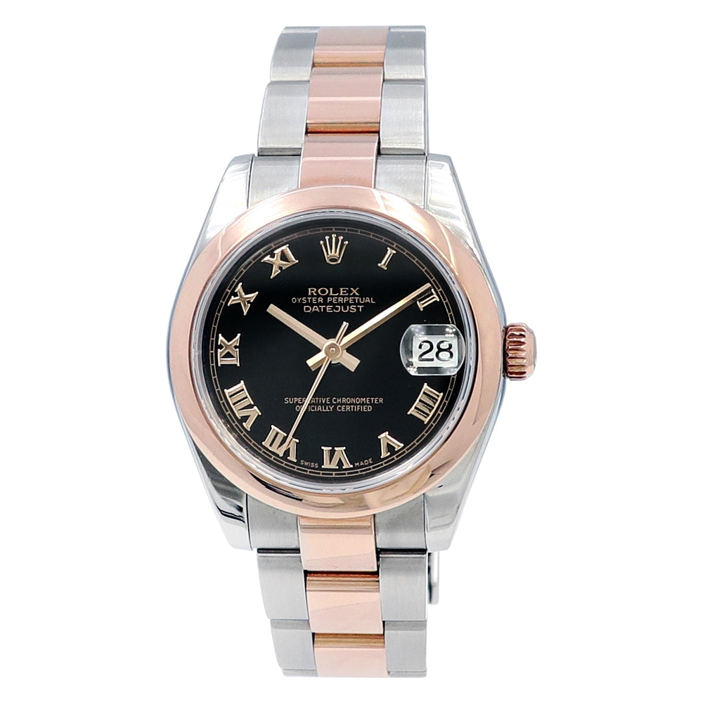 31mm Rolex 18k Rose Gold and Stainless Steel Datejust Watch. Black Roman Numeral Dial.