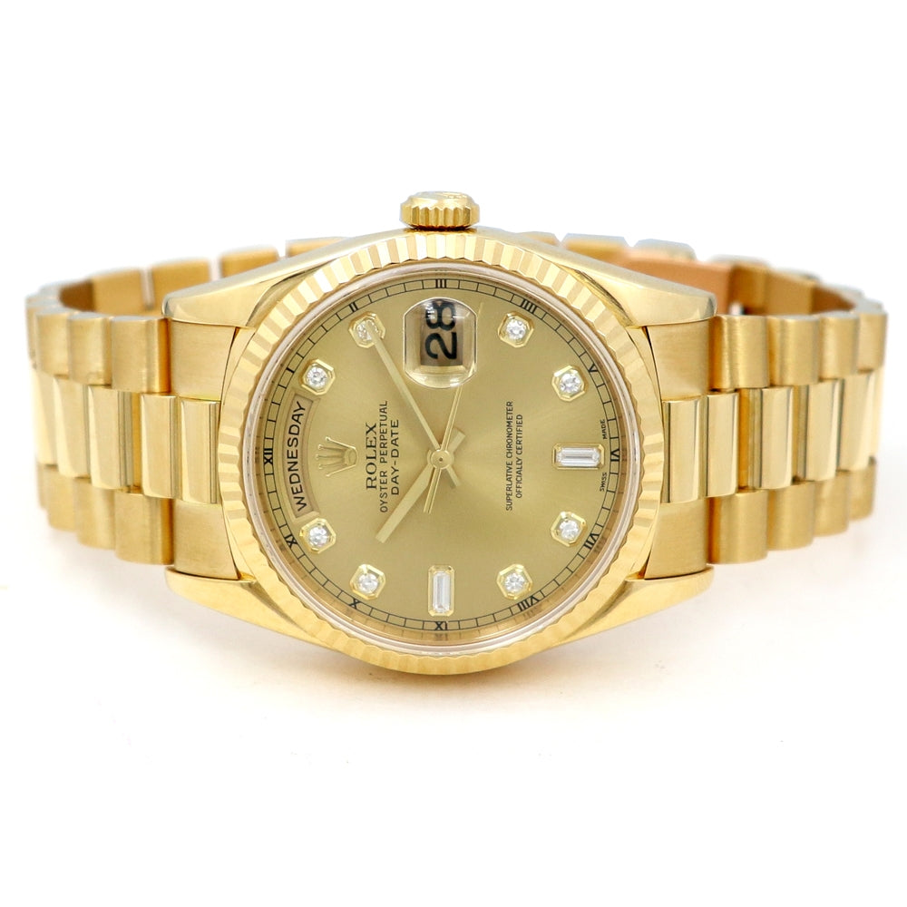 36mm Rolex 18k Yellow Gold Oyster Perpetual Day-Date Watch.
