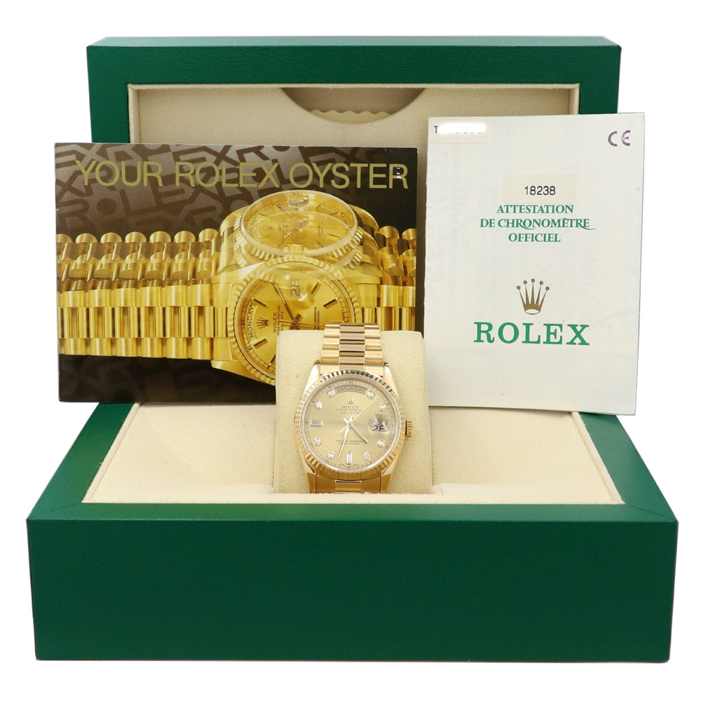 36mm Rolex 18k Yellow Gold Oyster Perpetual Day-Date Watch.