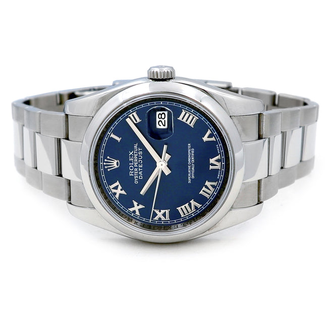 36mm Rolex Stainless Steel Datejust Blue Roman Numeral Dial