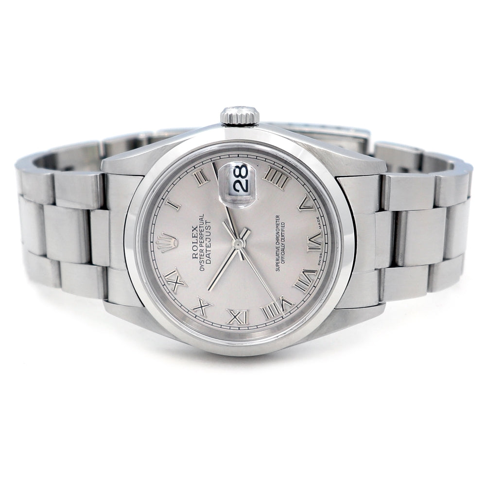 36mm Rolex Stainless Steel Datejust Silver Roman Numeral Dial