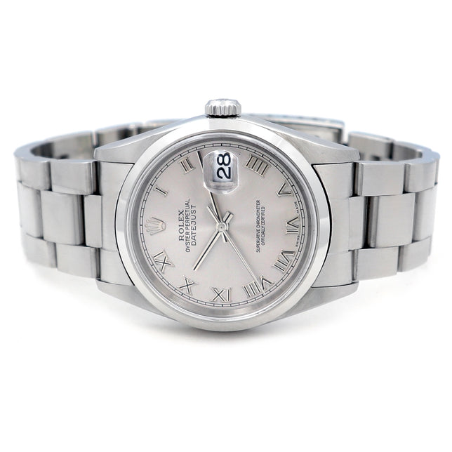36mm Rolex Stainless Steel Datejust Silver Roman Numeral Dial