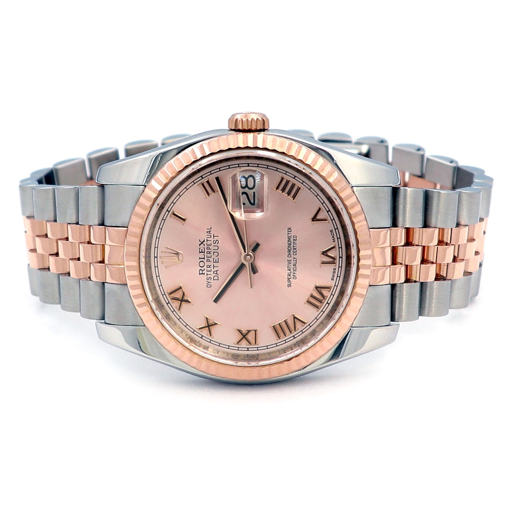 36mm Rolex 18k Rose Gold and Stainless Steel Oyster Perpetual Datejust Watch