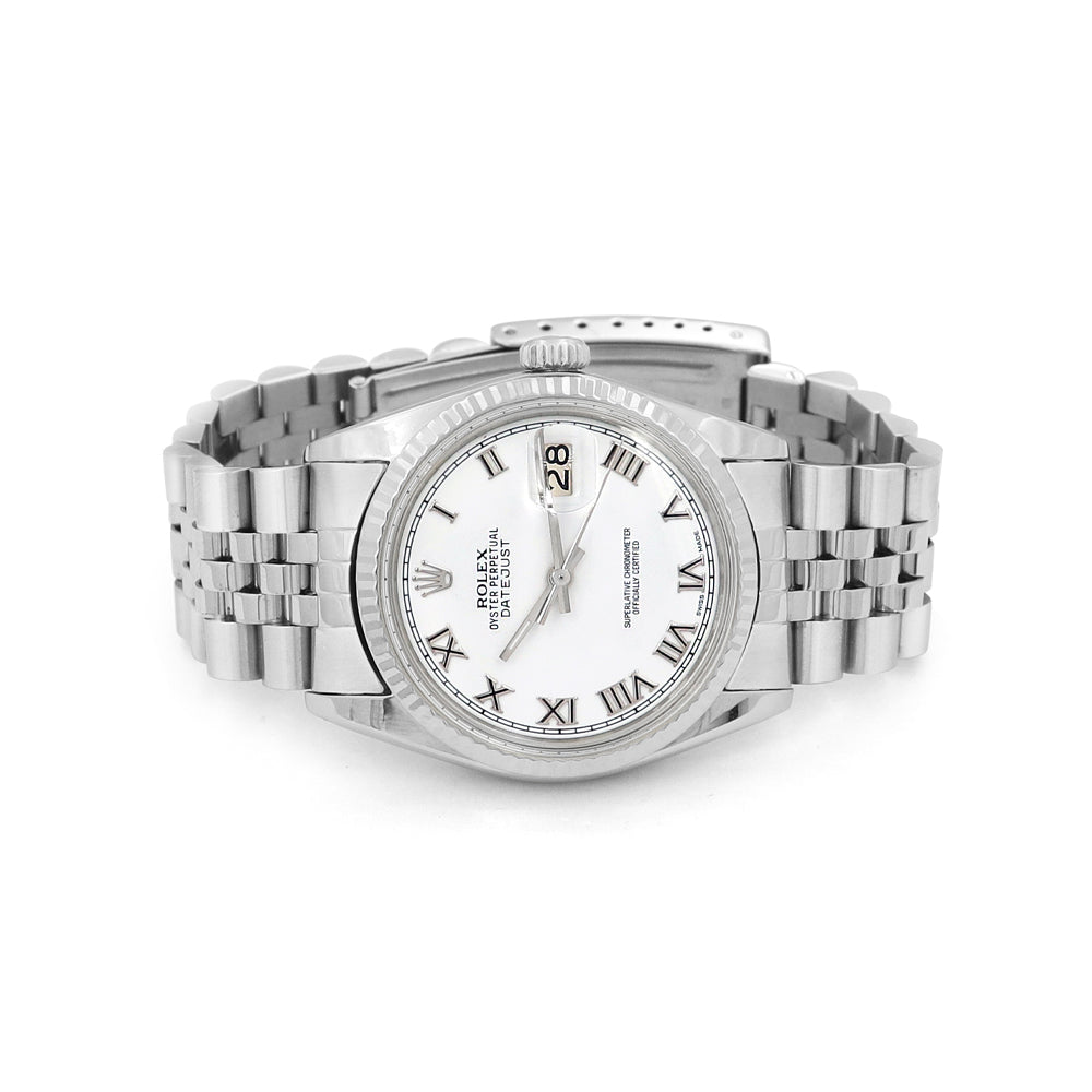 36mm Rolex Stainless Steel Datejust Watch White Roman Numeral Dial
