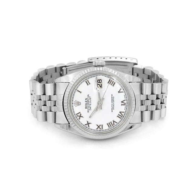 36mm Rolex Stainless Steel Datejust Watch White Roman Numeral Dial