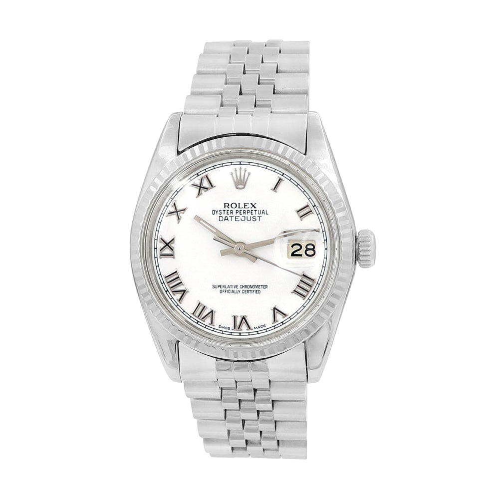 36mm Rolex Stainless Steel Datejust Watch White Roman Numeral Dial