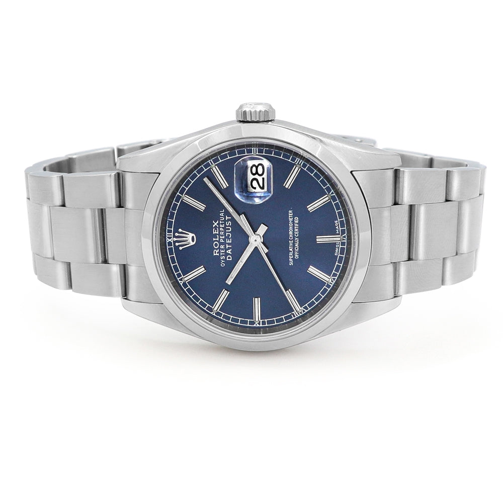 36mm Rolex Stainless Steel Datejust Watch Blue Dial 16200