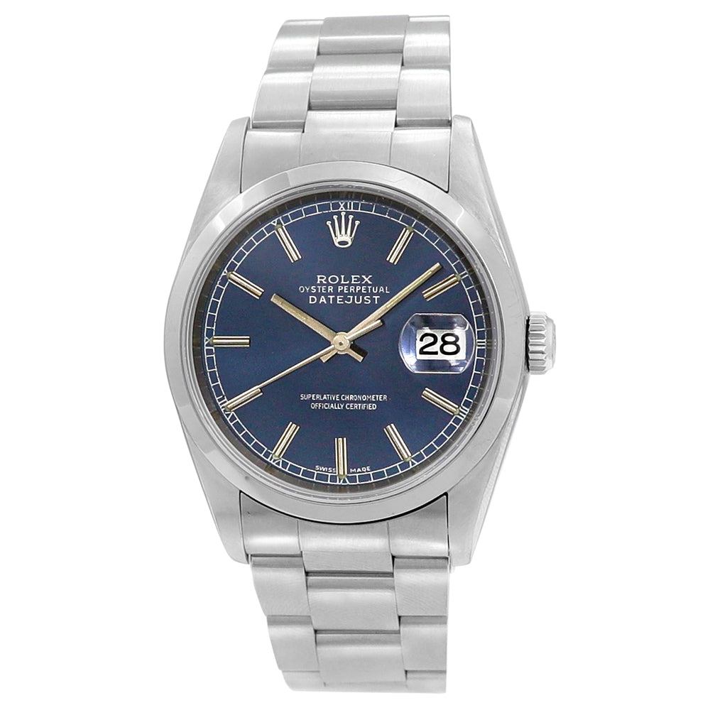 36mm Rolex Stainless Steel Datejust Watch Blue Dial 16200