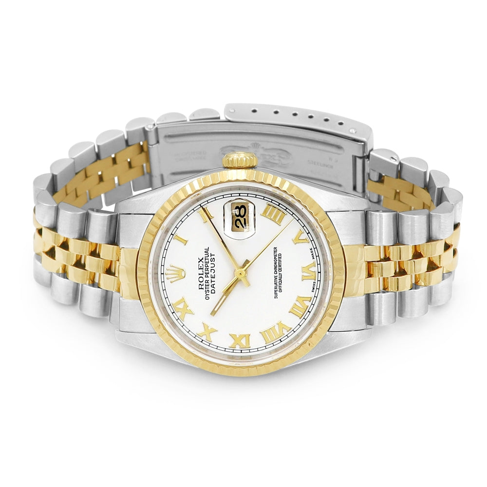 36mm Rolex 18k Yellow Gold and Stainless Steel Datejust Watch White Roman Numeral Dial
