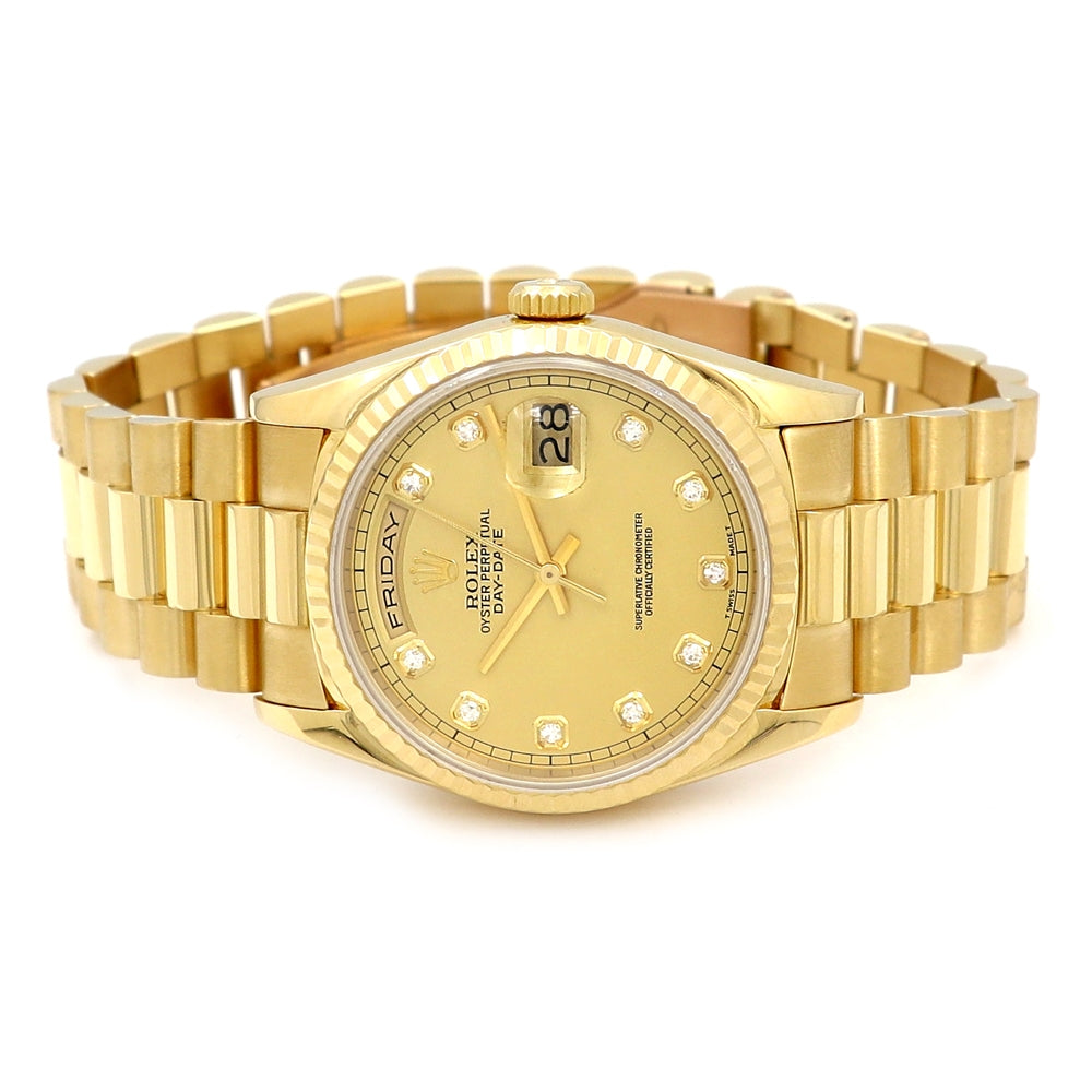 36mm Rolex 18K Yellow Gold Day-Date 18238 Watch Diamond Dial