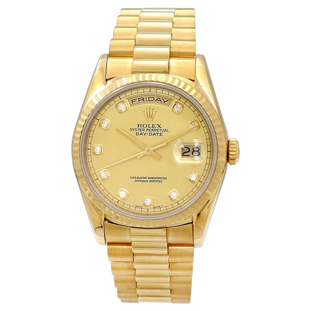 36mm Rolex 18K Yellow Gold Day-Date 18238 Watch Diamond Dial