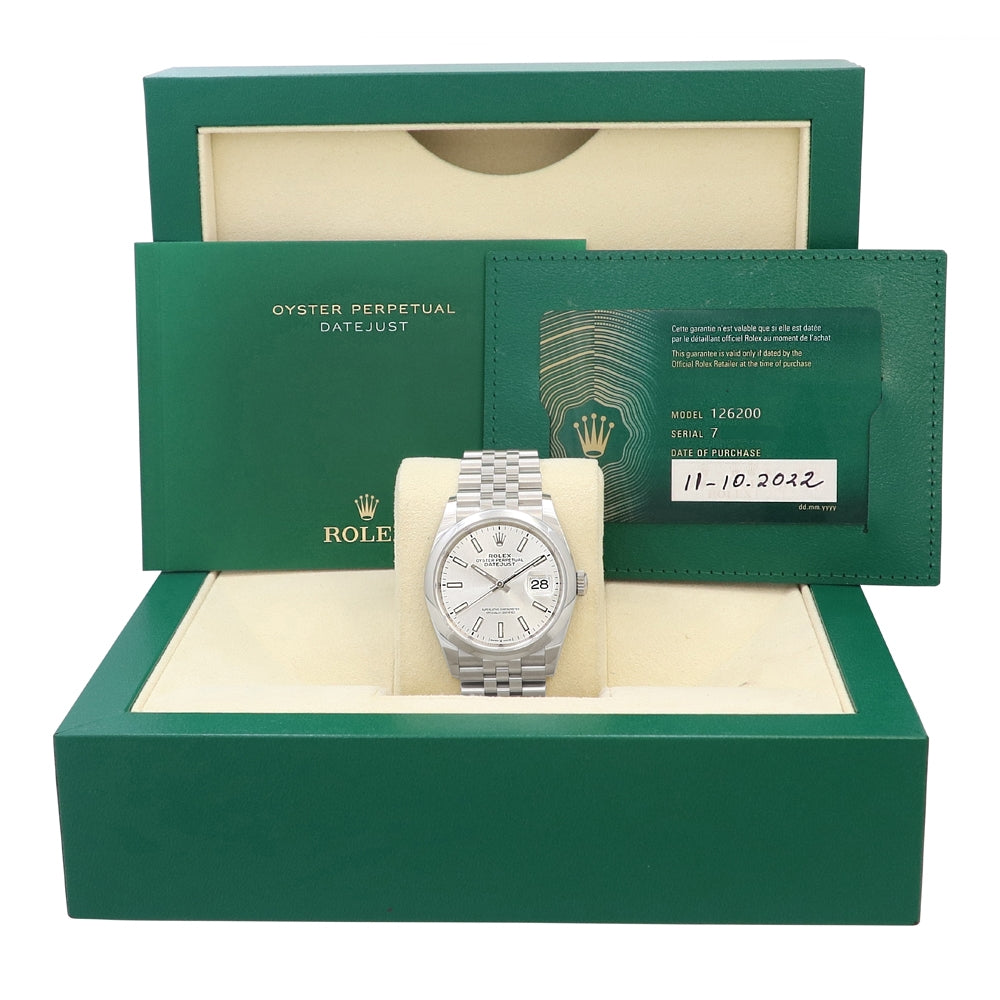 36mm Rolex Stainless Steel Datejust Watch Silver Dial 126200