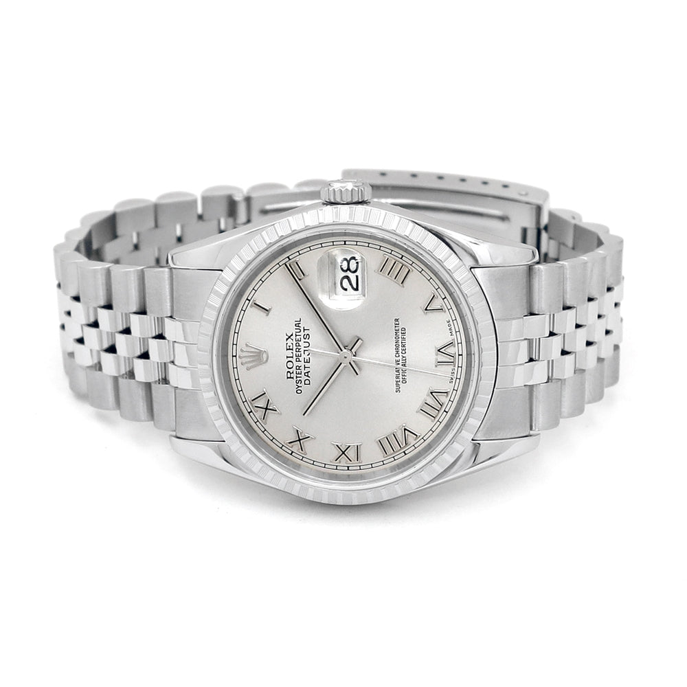 36mm Rolex Stainless Steel Datejust Watch Silver Roman Numeral Dial