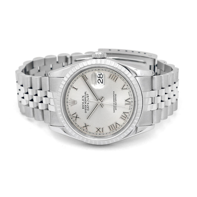 36mm Rolex Stainless Steel Datejust Watch Silver Roman Numeral Dial